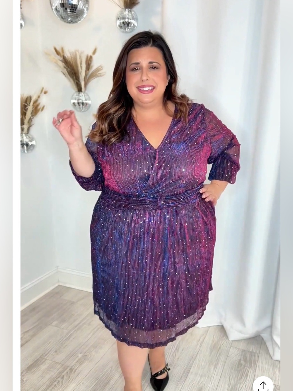 Plus Shimmery Plisse Pleated Faux Wrap Dress in Purple Pink